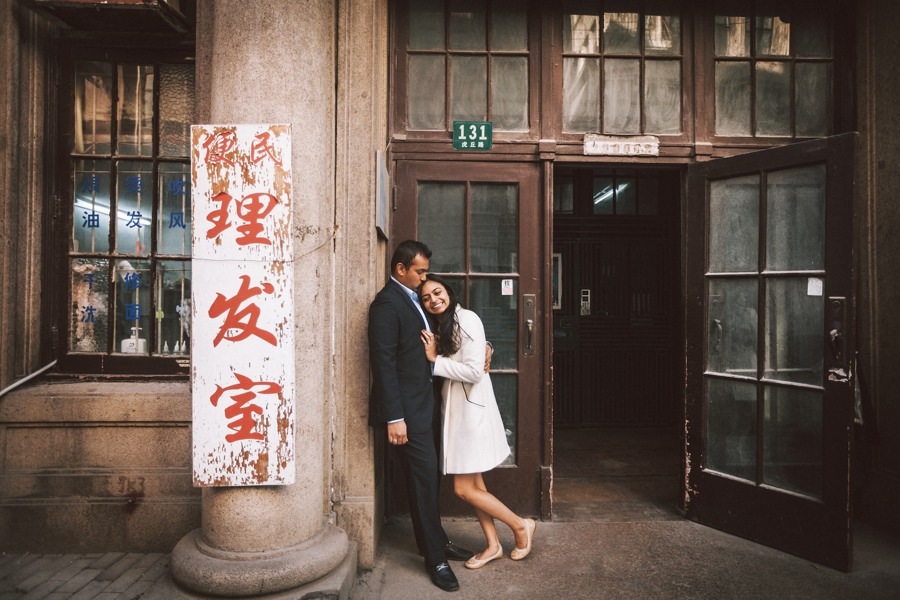 a couple hugging during shanghai engagement photo shoot