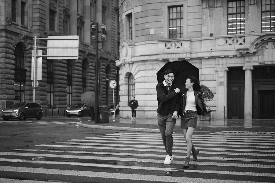Candid engagement photography on the quieter side of the Bund in Shanghai.